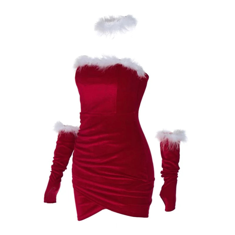 Aiertu  -  Christmas Velvet Mini Dress with Arm Sleeve + Choker Women Feather Trim Strapless Tube Dress Festival Party Cosplay Short Dress Aiertu