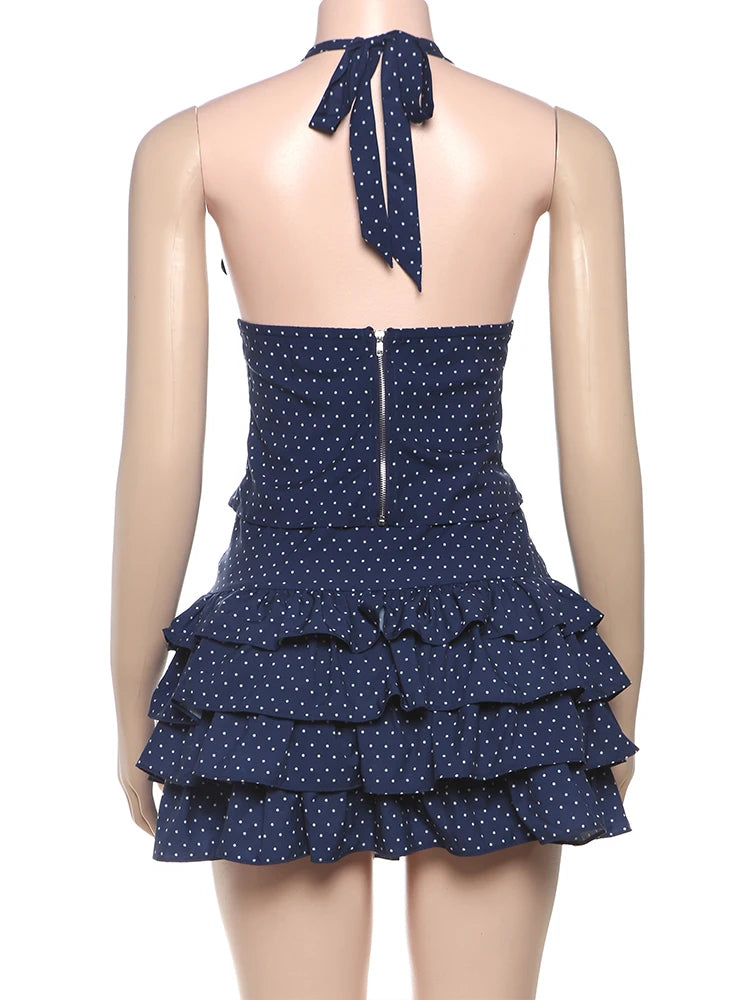 Aiertu  -  Low-Neck Polka Dots Women Two-Piece Set Halter Sleeveless Backless Mini Top+Multi-Layered Ruffles Sweet Bottoms Suits Aiertu