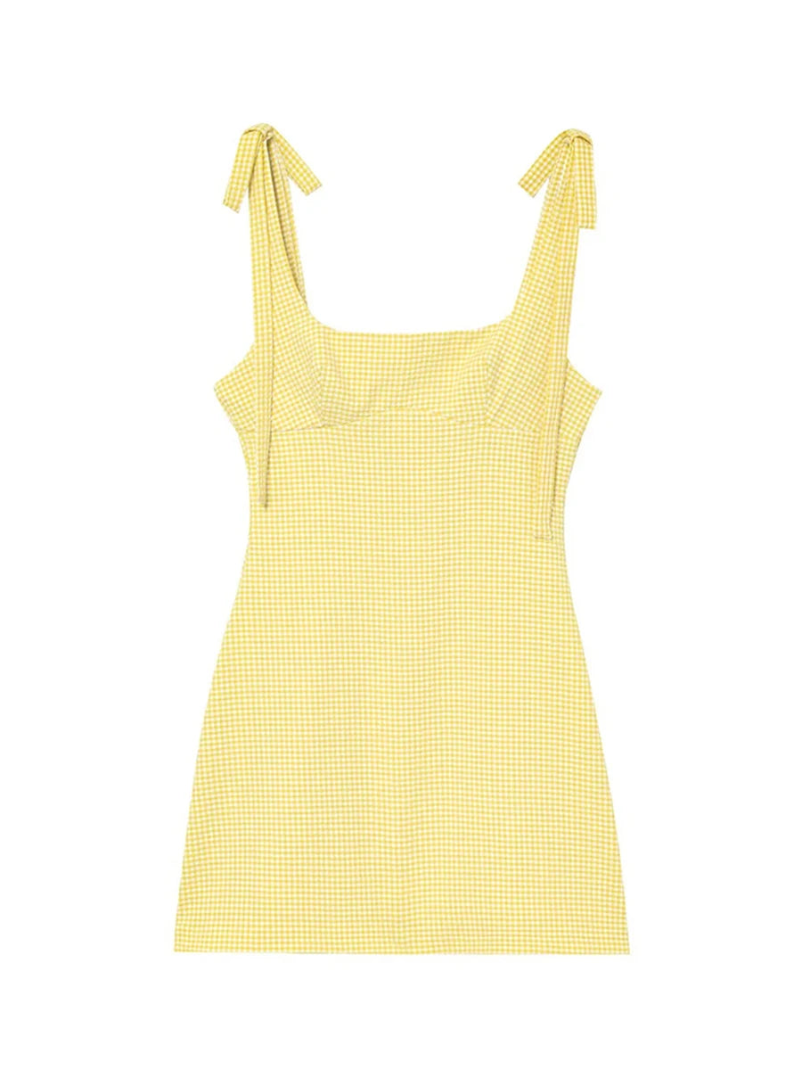 Aiertu  -  Casual Temperament Check Mini Dress for Women Square Collar Sleeveless High Waist Spliced Lace Up Dresses Female Aiertu