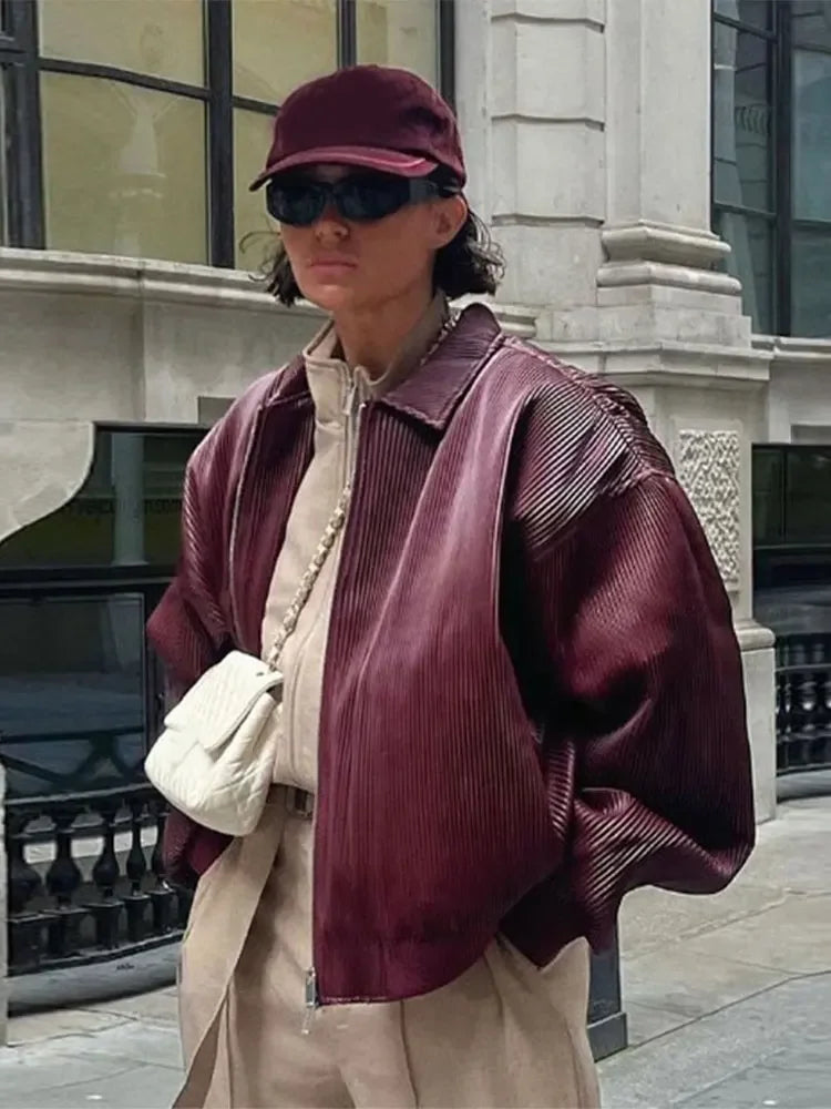 Aiertu  -  Autumn New Pu Leather Wine Red Jacket Women Casual Lapel Zipper Long Sleeved Short Coats 2026 Fashion Lady High Street Outerwear Aiertu