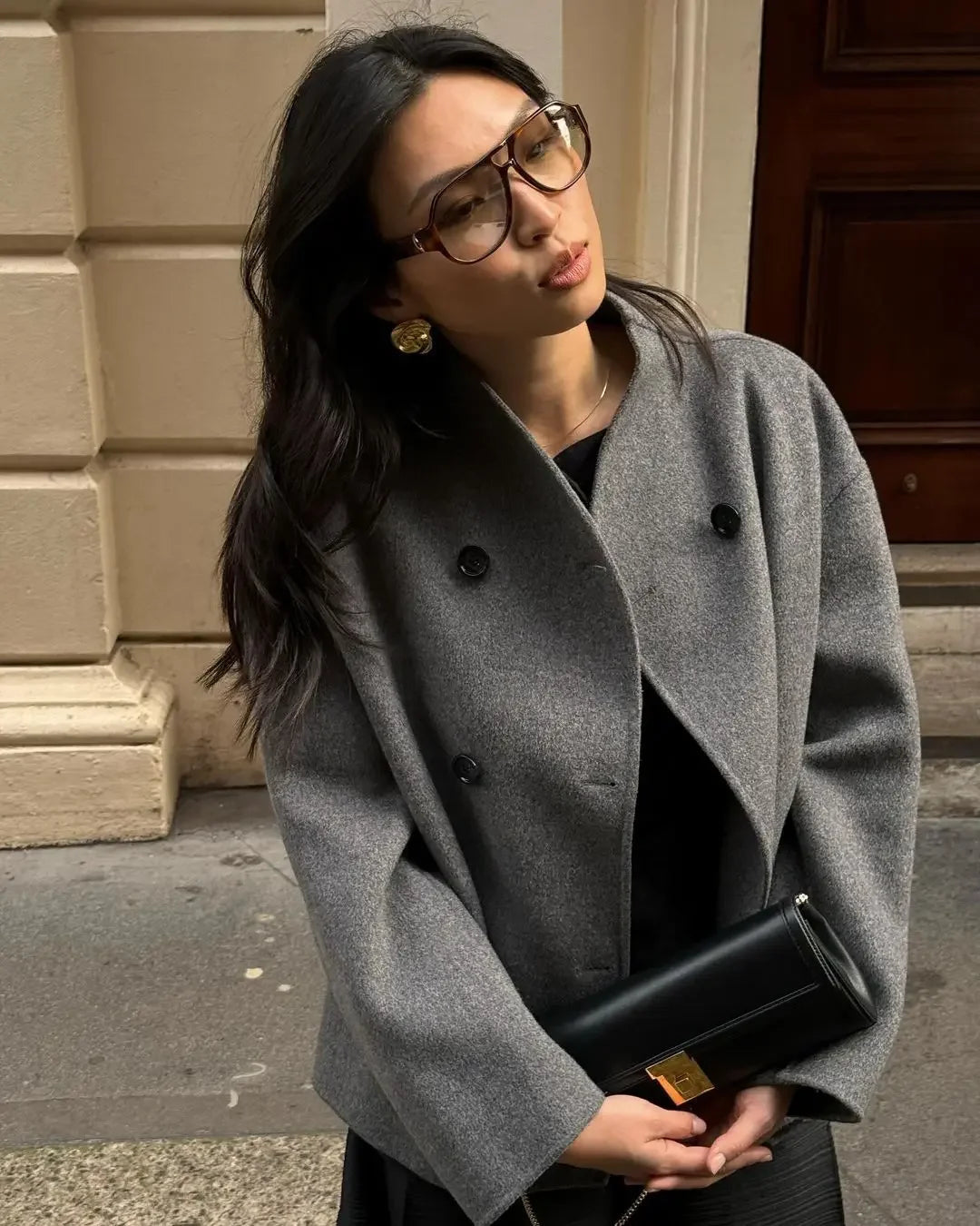 Aiertu  -  Elegant Warm Solid Woolen Cropped Coat Women Chic Stand Collar Double Breasted Long Sleeves Jacket Autumn Lady Commute Outercoat Aiertu