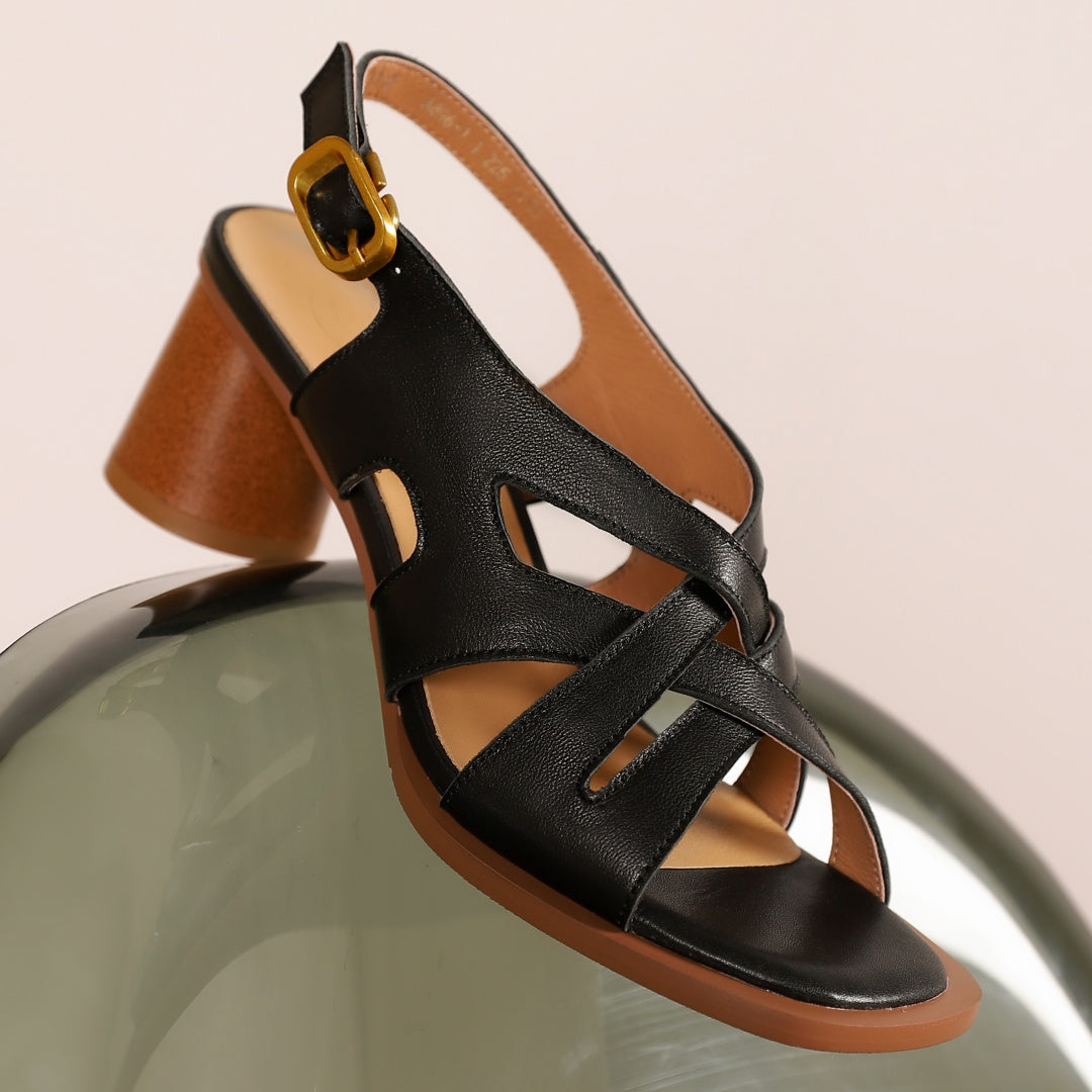 Aiertu  -  Large size 34-42 women's genuine leather narrow band cross strap 5.5cm round heel open toe summer pumps elegant ladies sandals Aiertu