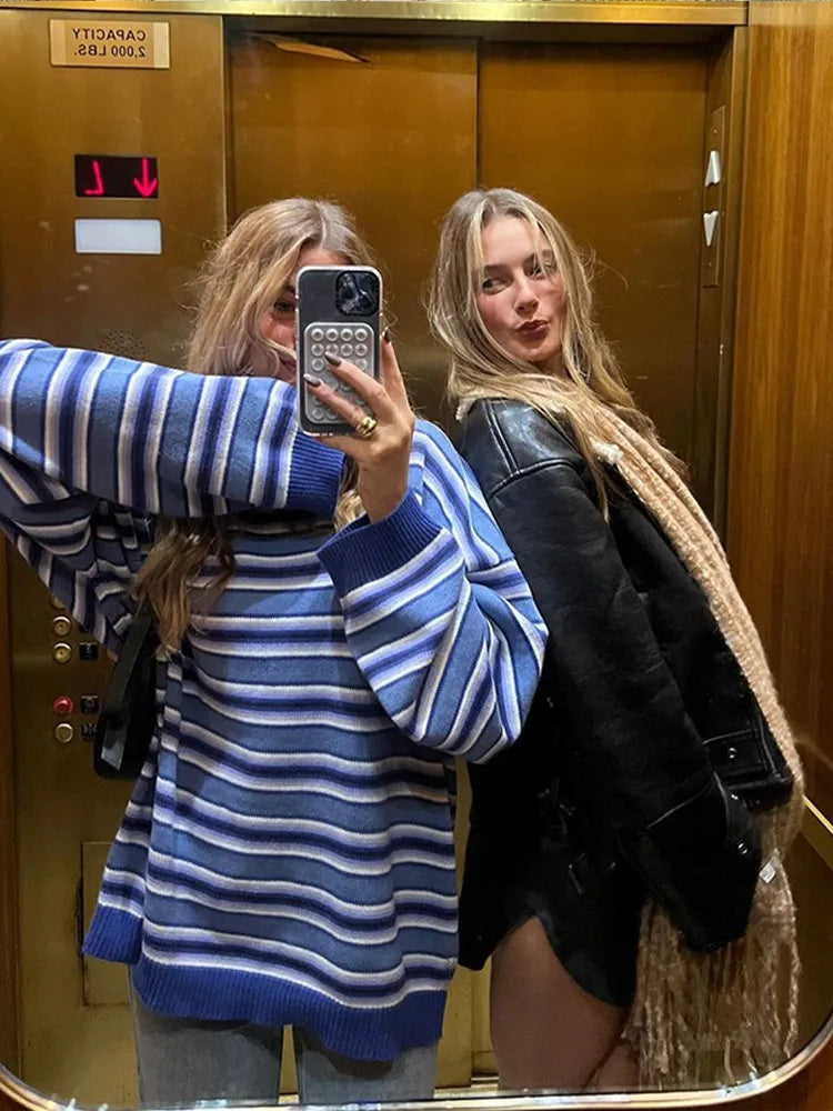 Aiertu  -  Women Casual Blue Striped Sweater Tops Fashion Loose Long Sleeve O-neck Knitted Jumpers Autumn Ladies High Street Knitwear Aiertu