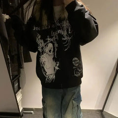 Aiertu  Gothic Harajuku Streetwear Jacket American Retro Printed Oversized Sweatshirt Women Punk Personality Fur Collar Zipper Hoodie Aiertu