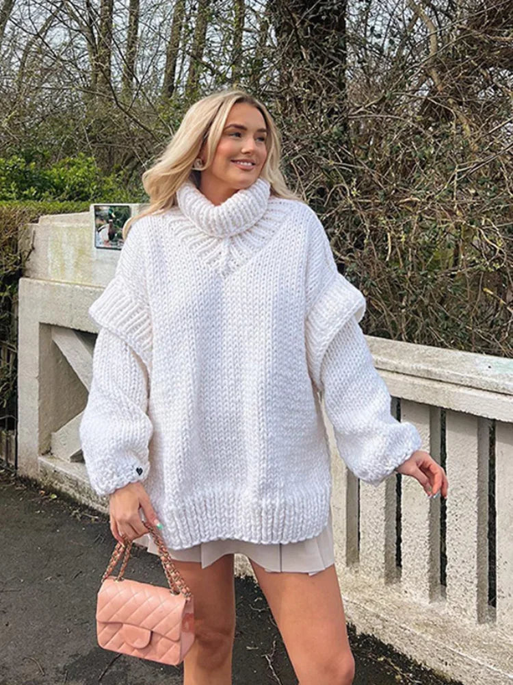 Aiertu  -  Oversized Turtleneck Blue Knitted Pullover For Women Loose Long Lantern Sleeve Sweater Tops Autumn New Lady High Streetwear Aiertu