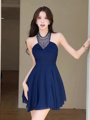 Aiertu  -  New Women Blue Diamond Patchwork Sexy Slim Backless Halter Short Dress Summer Elegant Sleeveless Off Shoulder Pleated Mini Dress Aiertu
