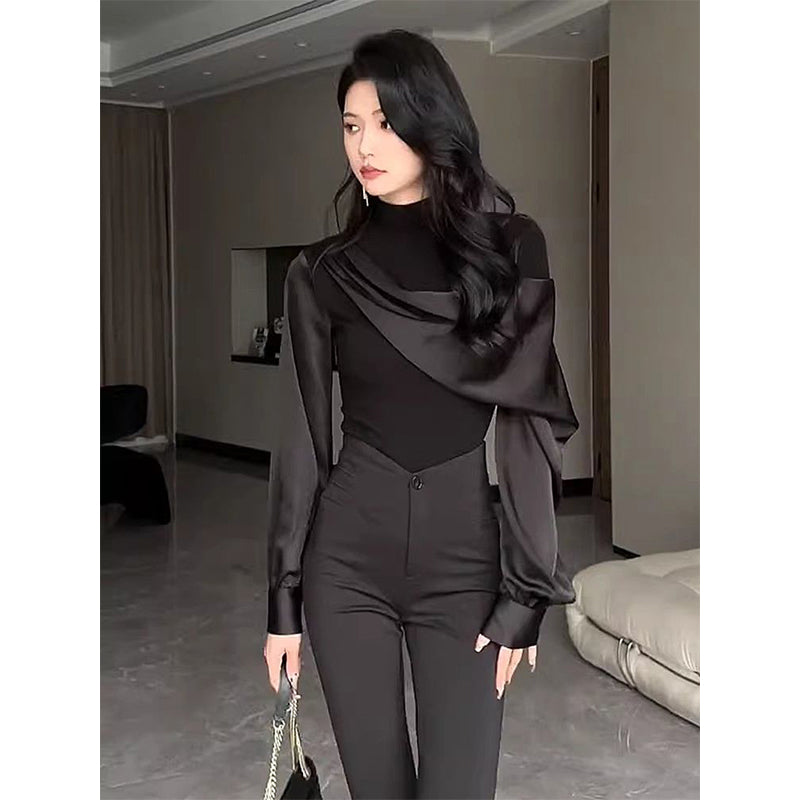 Aiertu Elegant Black Shirts Women Fashion Luxury Patchwork Blouses Office Ladies Korean Long Sleeve Slim Chic Design Tops New Aiertu