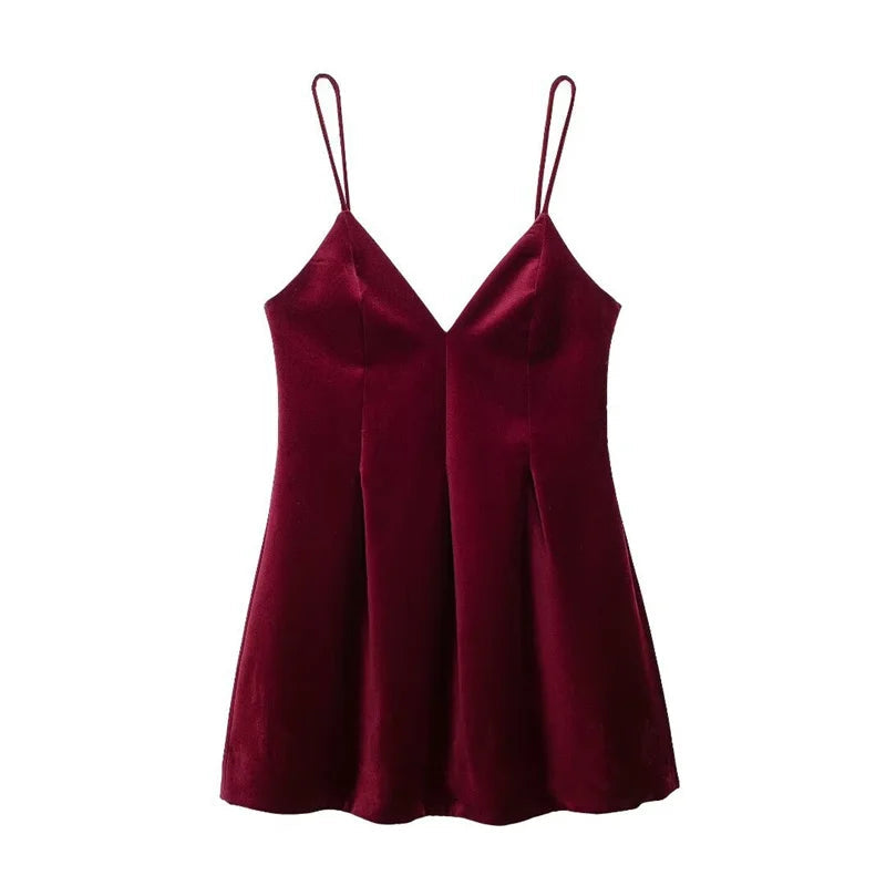 Aiertu  -  Sexy Wine Red Velvet Sling Mini Dress for Women V-Neck Backless Slim A-line Dresses Merry Christmas Party Vestidos Aiertu