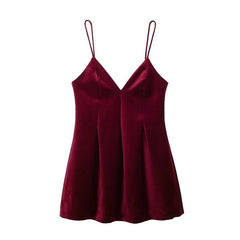 Aiertu  -  Sexy Wine Red Velvet Sling Mini Dress for Women V-Neck Backless Slim A-line Dresses Merry Christmas Party Vestidos Aiertu