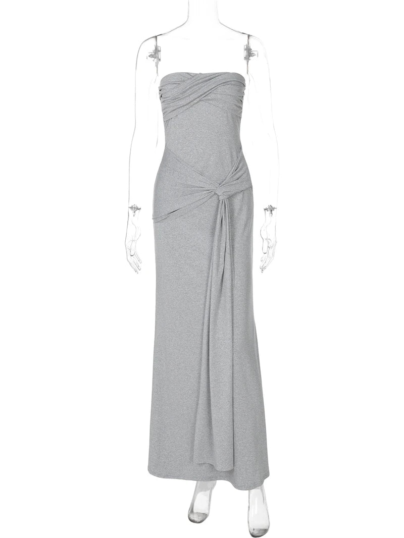 Aiertu  -  Summer Women Dress Solid Grey Sexy Strapless Slim Maxi Dress Fashion Pleated Twist Long Dress Party Evening Gown Robe Aiertu
