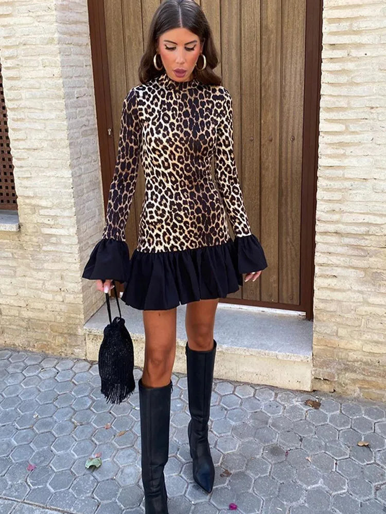 Aiertu  -  Leopard Print Patchwork Trumpet Sleeve Dress Women Sexy Slim Pleated Hem Dresses 2026 New Autumn Female New Party Highstreet Aiertu