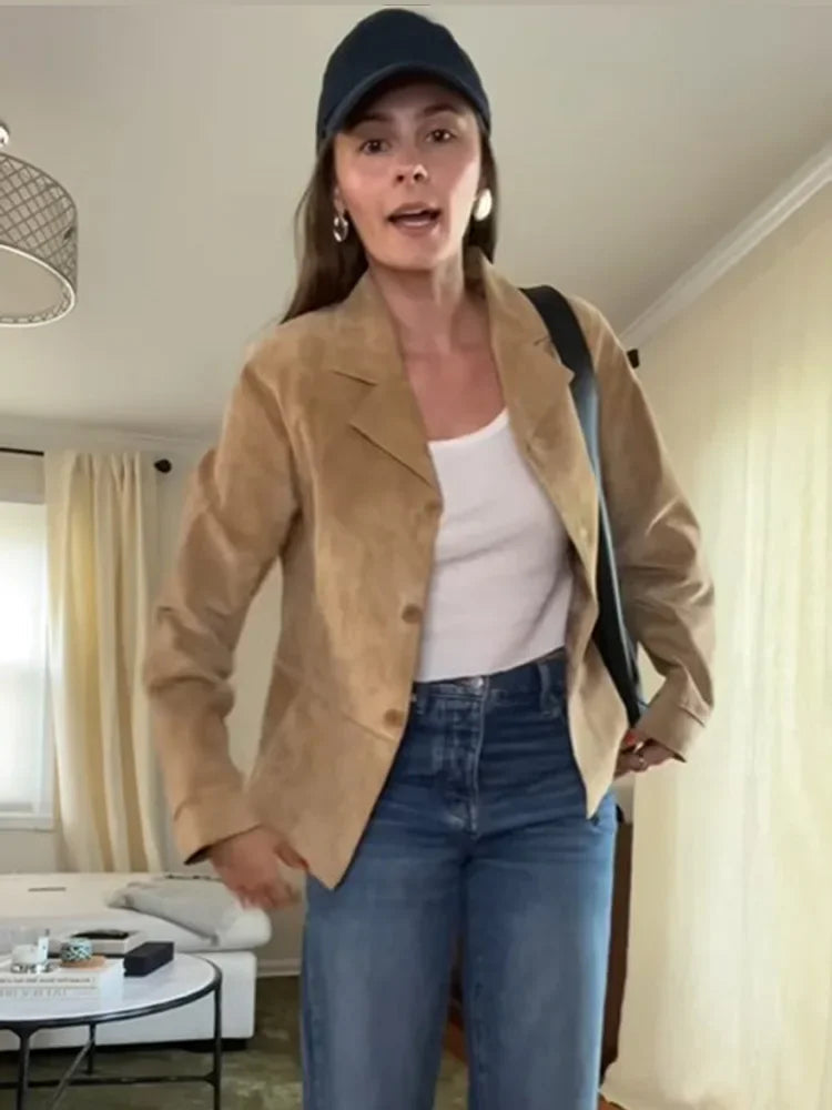 Aiertu  -  Vintage Khaki Suede Leather Blazer Coat Women Elegant Lapel Full Sleeves Single Breasted Jacket Autumn Chic Lady Street Outwear Aiertu