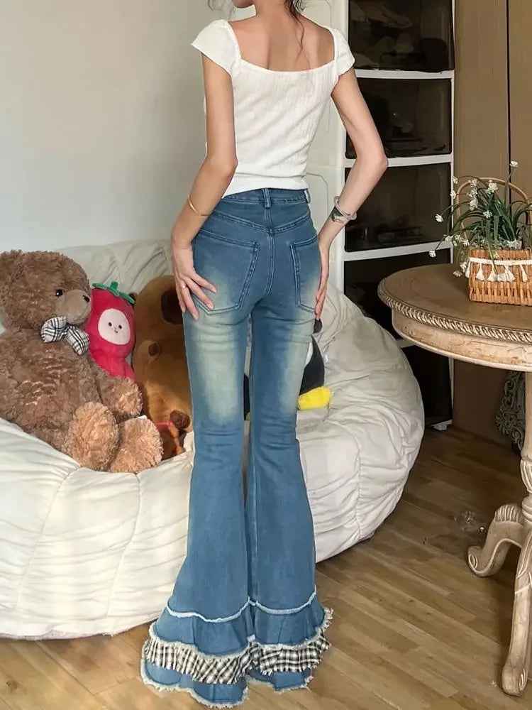 Aiertu  -  Y2k 2000s Distressed Bootcut Cake Pants Women Vintage Patchwork Plaid Whiskers High Waist Flare Jeans Kawaii Bell Bottoms Aiertu