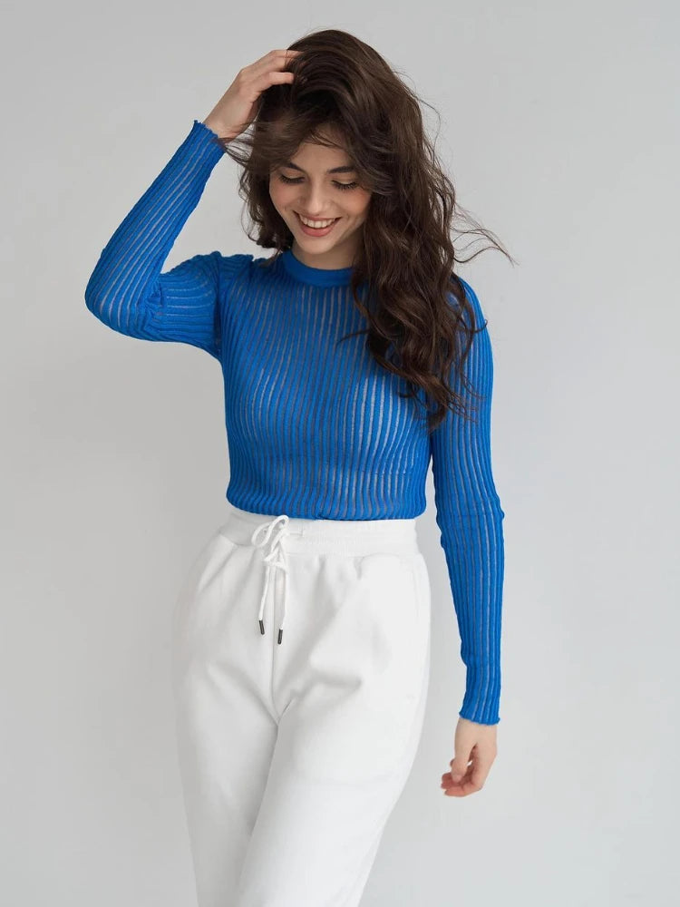 Aiertu  -  Fashion White Elegant Striped See Through Women Tops Outfits Long Sleeve T-Shirts Tees Skinny Club Party Clothes 2023 Aiertu