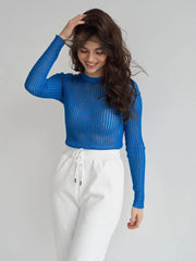 Aiertu  -  Fashion White Elegant Striped See Through Women Tops Outfits Long Sleeve T-Shirts Tees Skinny Club Party Clothes 2023 Aiertu