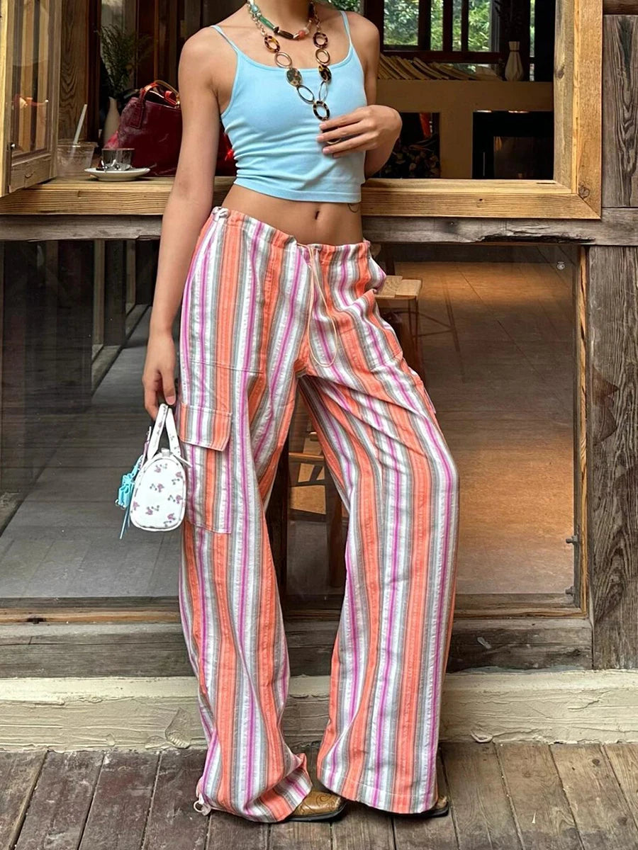 Aiertu  Holiday Striped Women Cargo Pants Flap Pockets Drawstring Waist Casual Cotton Linen Parachute Pants Vintage Workwear Aiertu