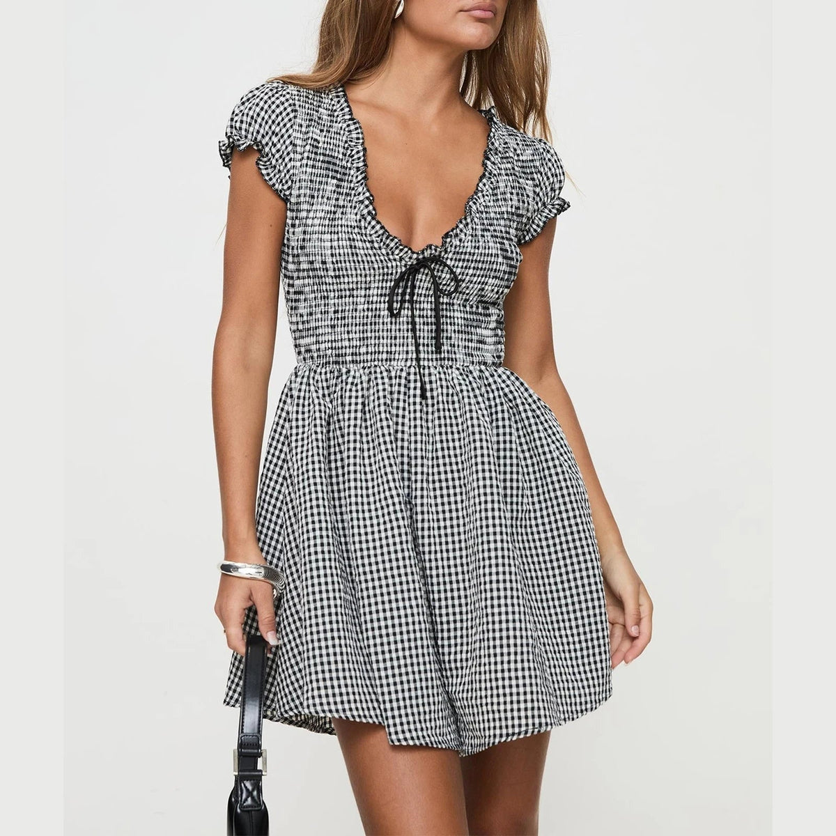 Aiertu  -  Women Y2k Gingham Playsuit Short Sleeve Smocked Babydoll Bodysuit Rompers Flowy A-Line Club Dress Retro Streetwear Aiertu