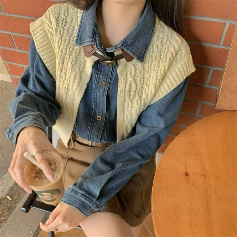 Aiertu  -  High Street Vintage Denim Shirts With Knitted Cardigans Vest Spring 2026 Loose Chic New Slim Casual Daily Office Lady Aiertu