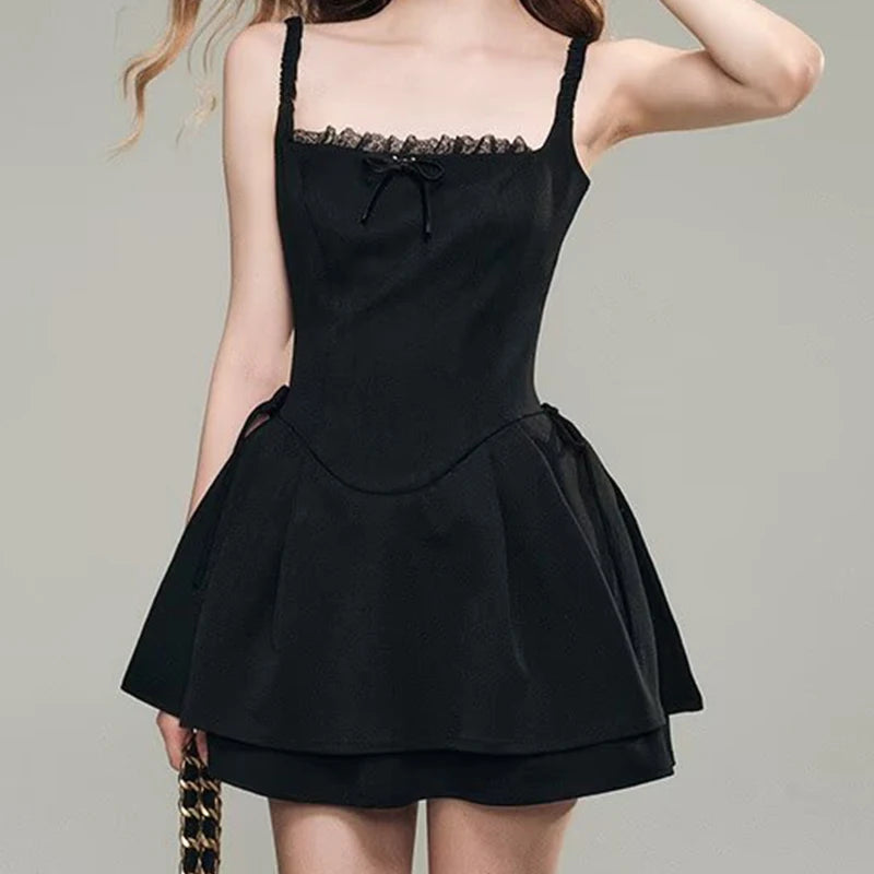 Aiertu  -  2025 Women Black White Elegant Party Sling Mini Dress Lace Trim A-line Mini Summer Dresses Bow Robe Aiertu
