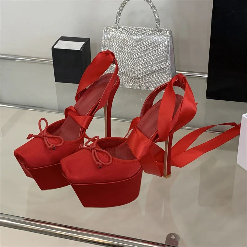 Aiertu  -   Sexy Platform Ankle Lace-up Woman Pumps Sandals Fashion Square Toe Thin High Heels Nightclub Party Strippers Shoes Aiertu