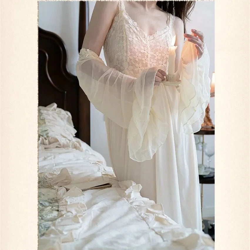 Aiertu  -  Sexy Womens Nightdress Lace Princess Nightgowns Slip Vintage Lady Women 2 Pcs Robe Set Autumn Pajama Sleepwear Bathrobe Home Set Aiertu