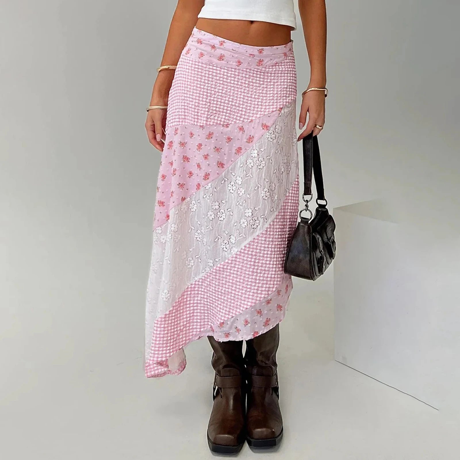 Aiertu  -  Women Y2K Ruffle Layered Maxi Skirt Elastic Waist Asymmetrical Hem Lace Trim A-line Long Skirt Holiday Vacation Aiertu