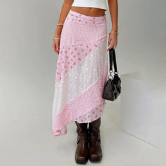 Aiertu  -  Women Y2K Ruffle Layered Maxi Skirt Elastic Waist Asymmetrical Hem Lace Trim A-line Long Skirt Holiday Vacation Aiertu