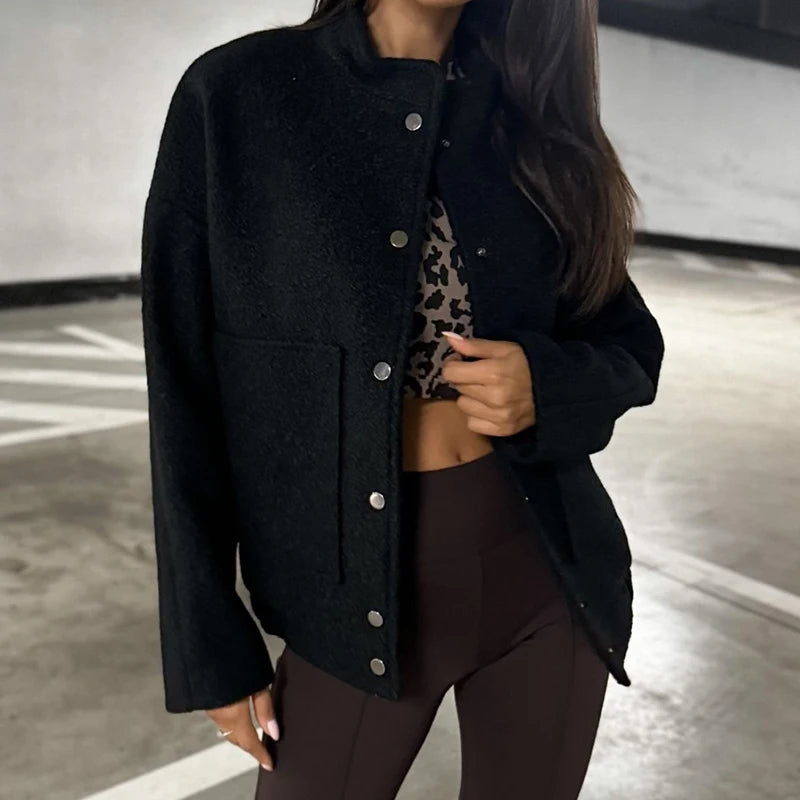 Aiertu  -  Women Elegant Stand Collar Solid Short Jackets Autumn Casual Long Sleeves Loose Outerwears Winter Fashion Single Breasted Coats Aiertu