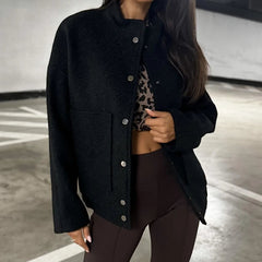 Aiertu  -  Women Elegant Stand Collar Solid Short Jackets Autumn Casual Long Sleeves Loose Outerwears Winter Fashion Single Breasted Coats Aiertu
