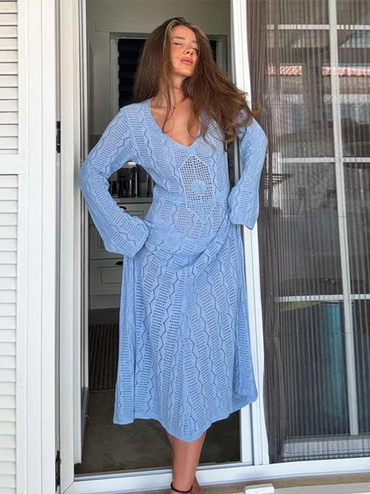 Aiertu  -  Casual Knitted Transparent Long Dresses Women Hollow Out Blue V-neck Full Sleeves Female Dress 2026 Autumn New Holiday Lady Robe Aiertu