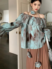 Aiertu  -  Blue Retro Blouses Daily Tie-Dying Ruffles Autumn Chic Loose Slash Neck Slim Office Lady Full Sleeve Ruffles Aiertu