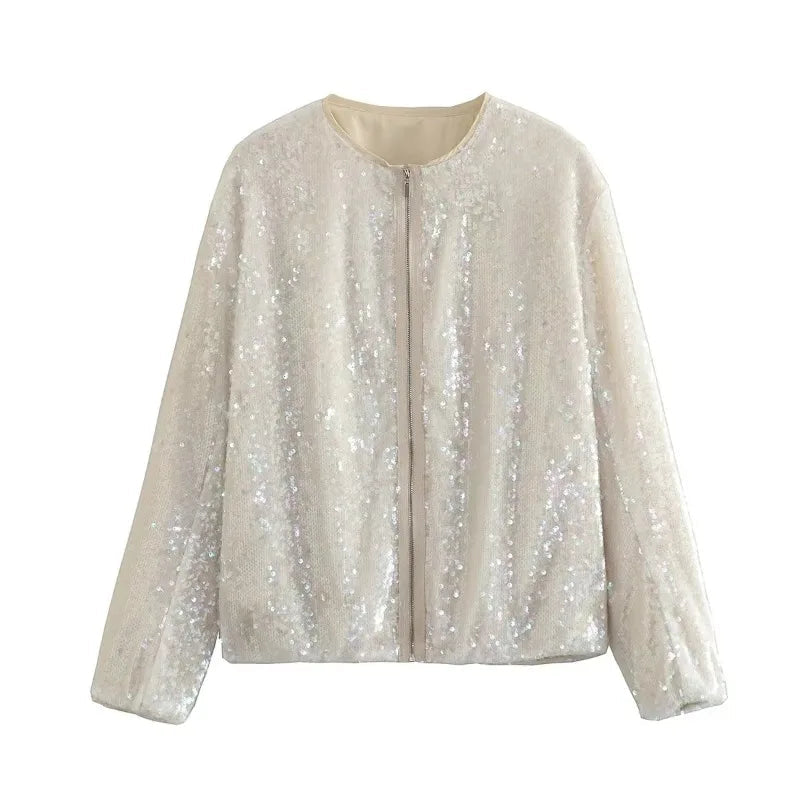 Aiertu  -  2026 O-neck Sequins Bomber Jackets for Women Autumn Fashion Zip-up Long Sleeve White Coats Streetwear Female Tops Outerwears Aiertu