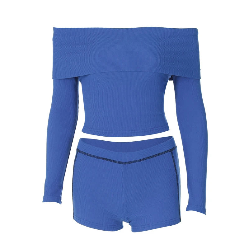 PICSGIRL - party look snspos Casual High Street Sexy Two-piece Shorts Sets Ladies Fashion Off Shoulder Slash Neck Crop Tees+Stripe Tight Shorts Clubwear Aiertu