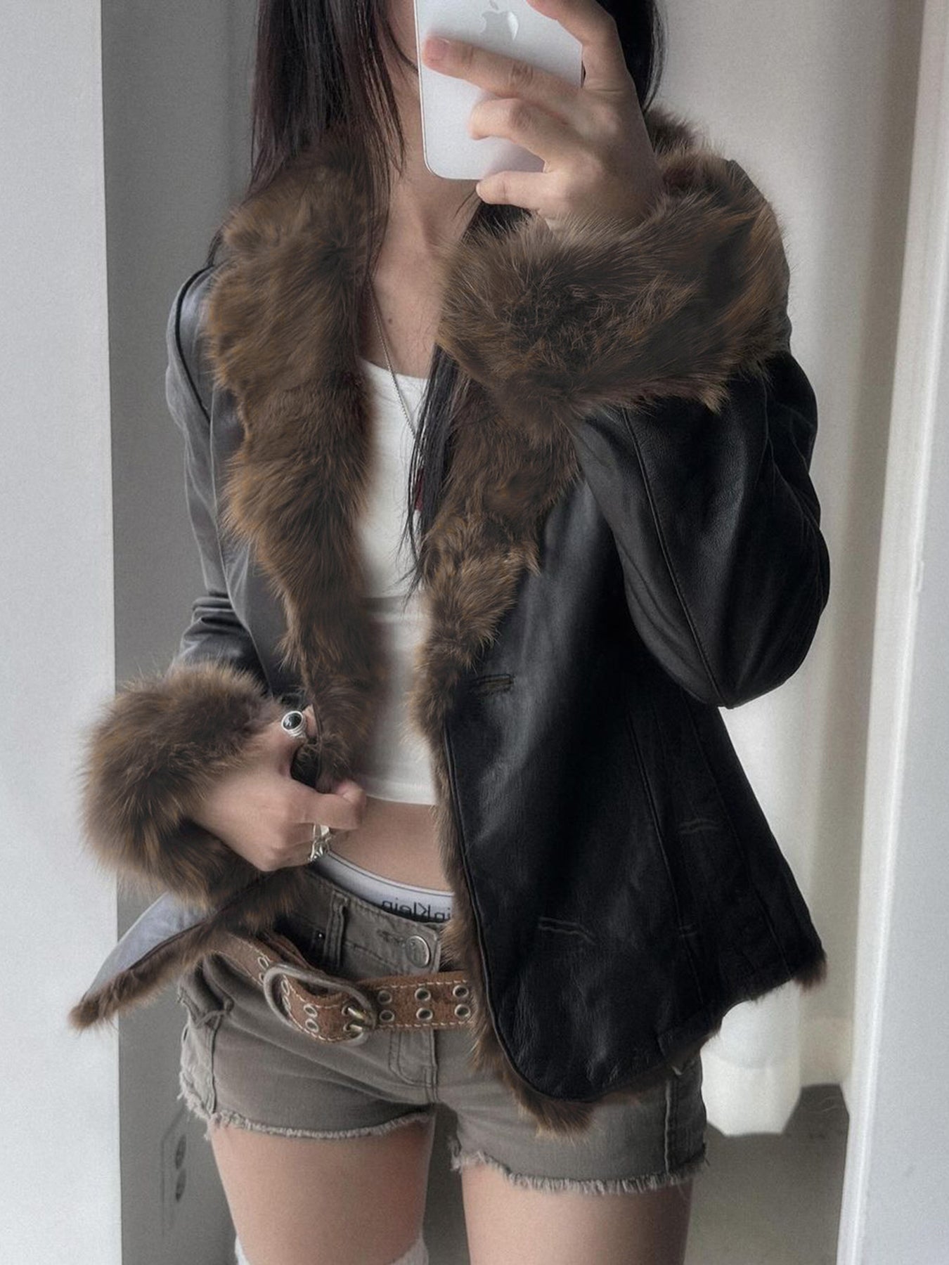 Aiertu - summer inspo Autumn New Clothes Women’s Leather Coat Long Sleeve Spliced Faux Trim Button Slim Fit Chic Coat Aiertu