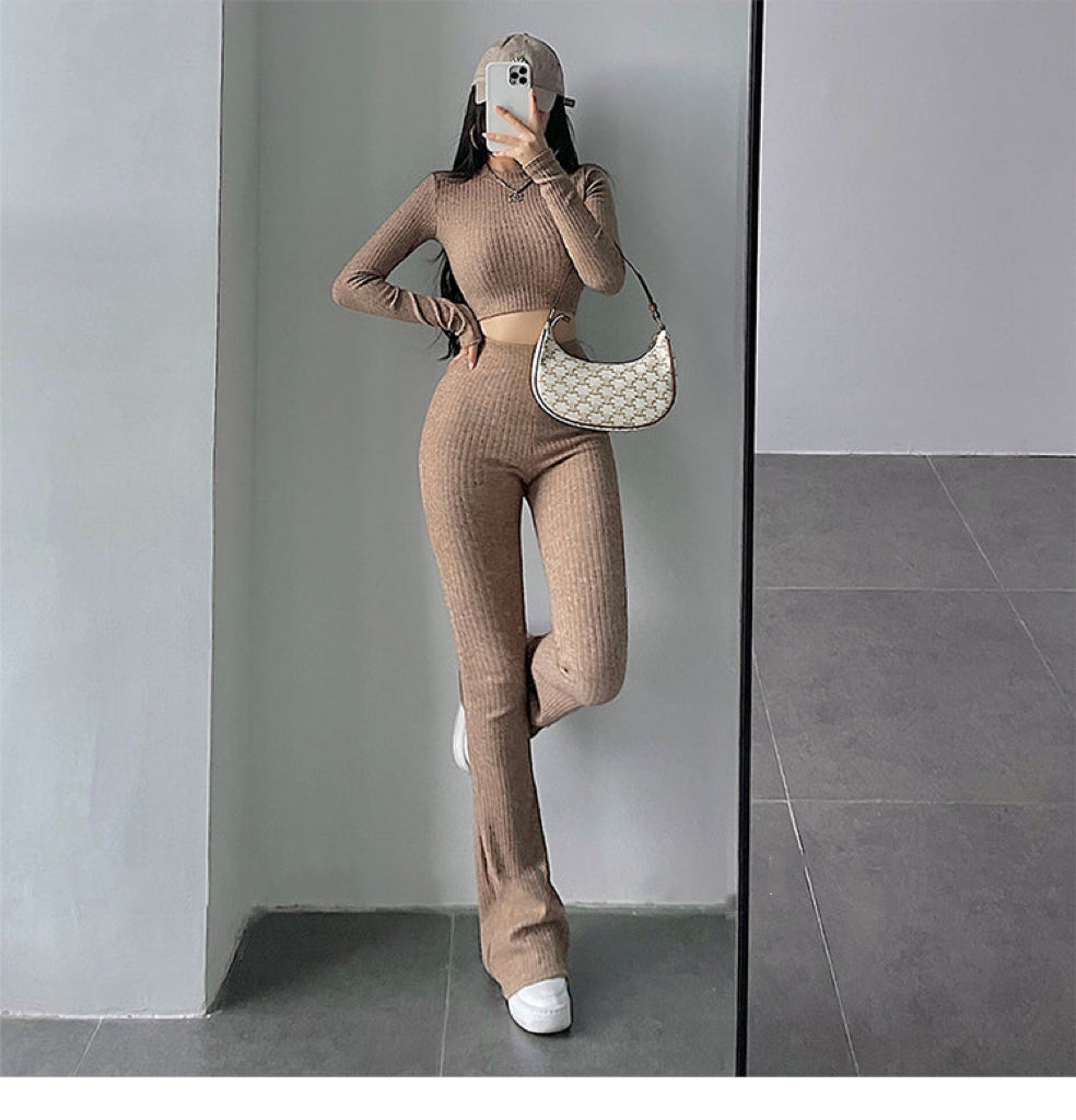 Aiertus Solid Color Ribbed Slim Long Sleeve Cropped Top High Waist Pants Matching Set Aiertu