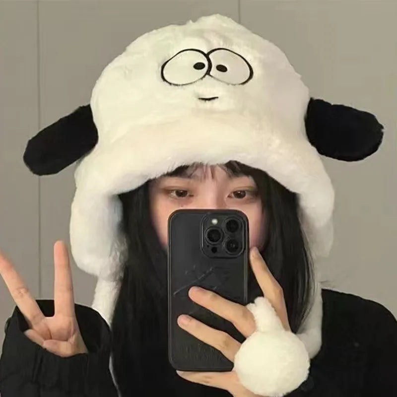 Aiertu  -  Winter Cute Fleece Beanie Hat For Women Girl Cartoon Big Eyes Plush Long Ears Soft Warm Skullies Hat Thickened Earflap Party Cap Aiertu