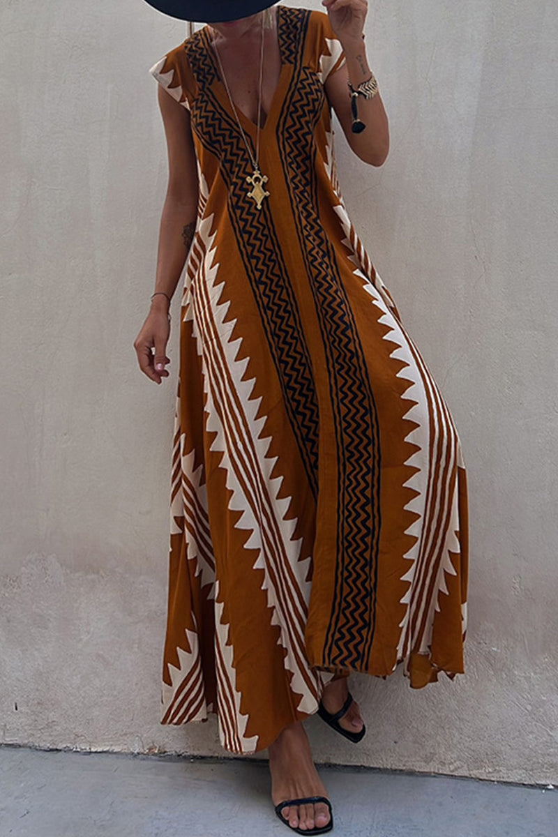 Aiertu  -  Casual College Geometric Print Fold V Neck A Line Dresses Aiertu