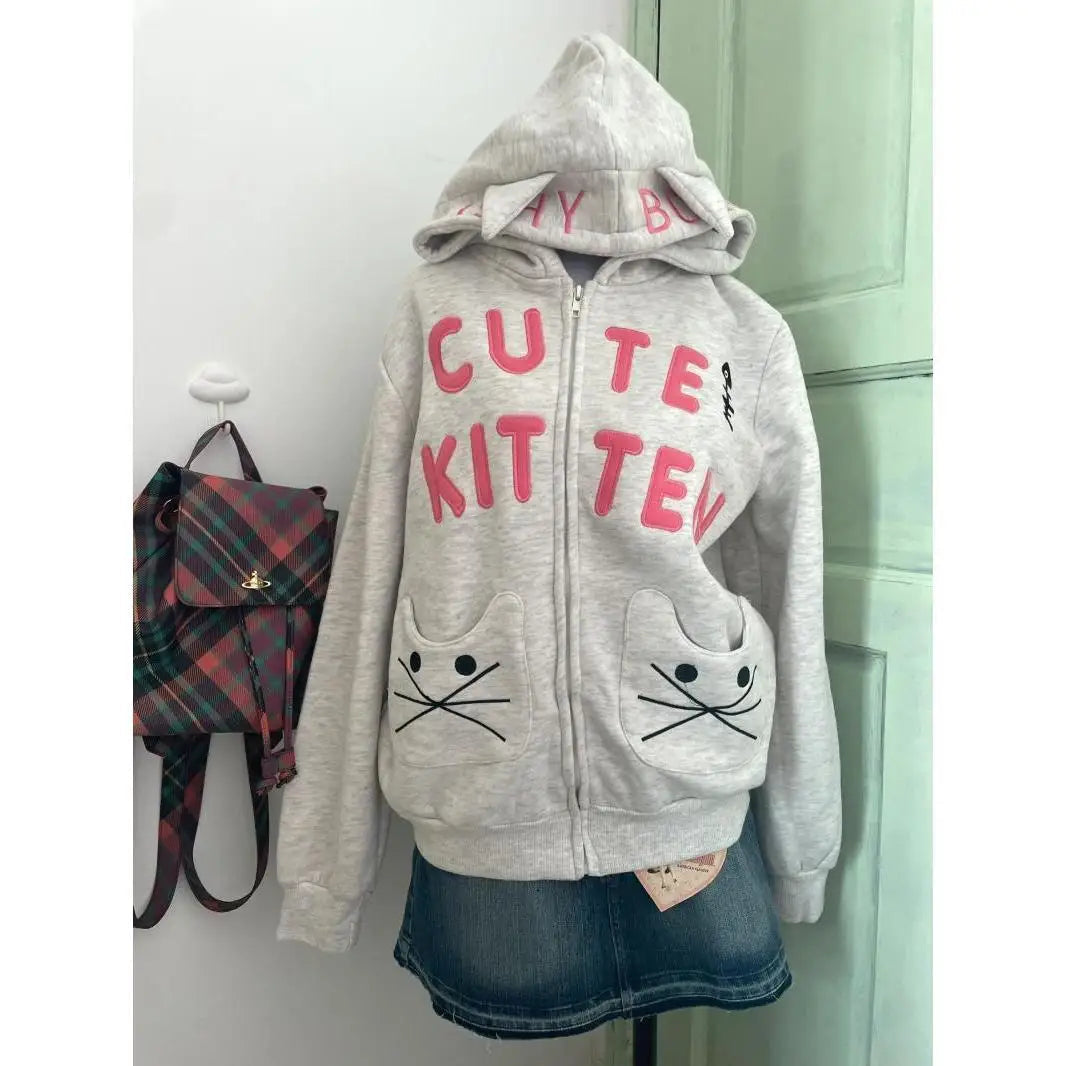 Aiertu  -  American Street Cartoon Cat Embroidered Cardigan Hooded Warm Top for Women Y2k Harajuku Loose Design Zipper Cat Ear Coat Ins Aiertu