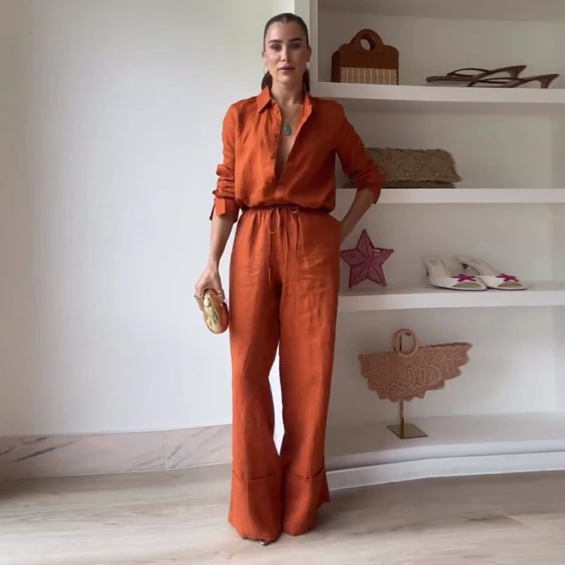 Aiertu  -  Elegant Orange Long Pants Sets For Women Casual Single Breasted Lapel Loose Shirts Wide Leg Straight Trousers Lady 2 Pieces Suit Aiertu