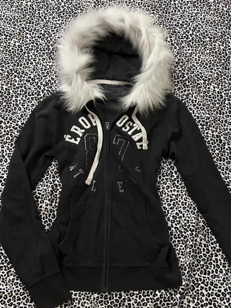 Aiertu  -  Y2K Zipper Gothic Letter Printed Fur Collar Hoodie Slim Fit Comfortable Casual Grey Sportswear Warm Top Women Cardigan Aiertu