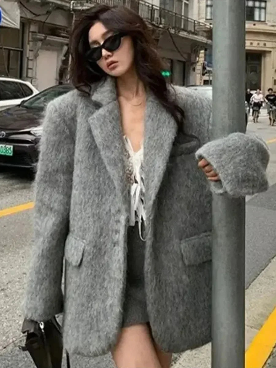 Aiertu  -  Loose Lapel Plush Jacket Female 2026 Autumn Winter New Warm Solid Button Long Sleeve Coat Office Lady Outwear Elegant Aiertu