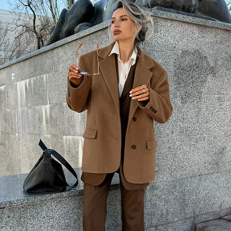 Aiertu  -  Vintage Woolen Lapel Blazer Coats Women Loose Single Breasted Fake Pockets Jacket 2026 Autumn New Female Commute Tops Streetwear Aiertu