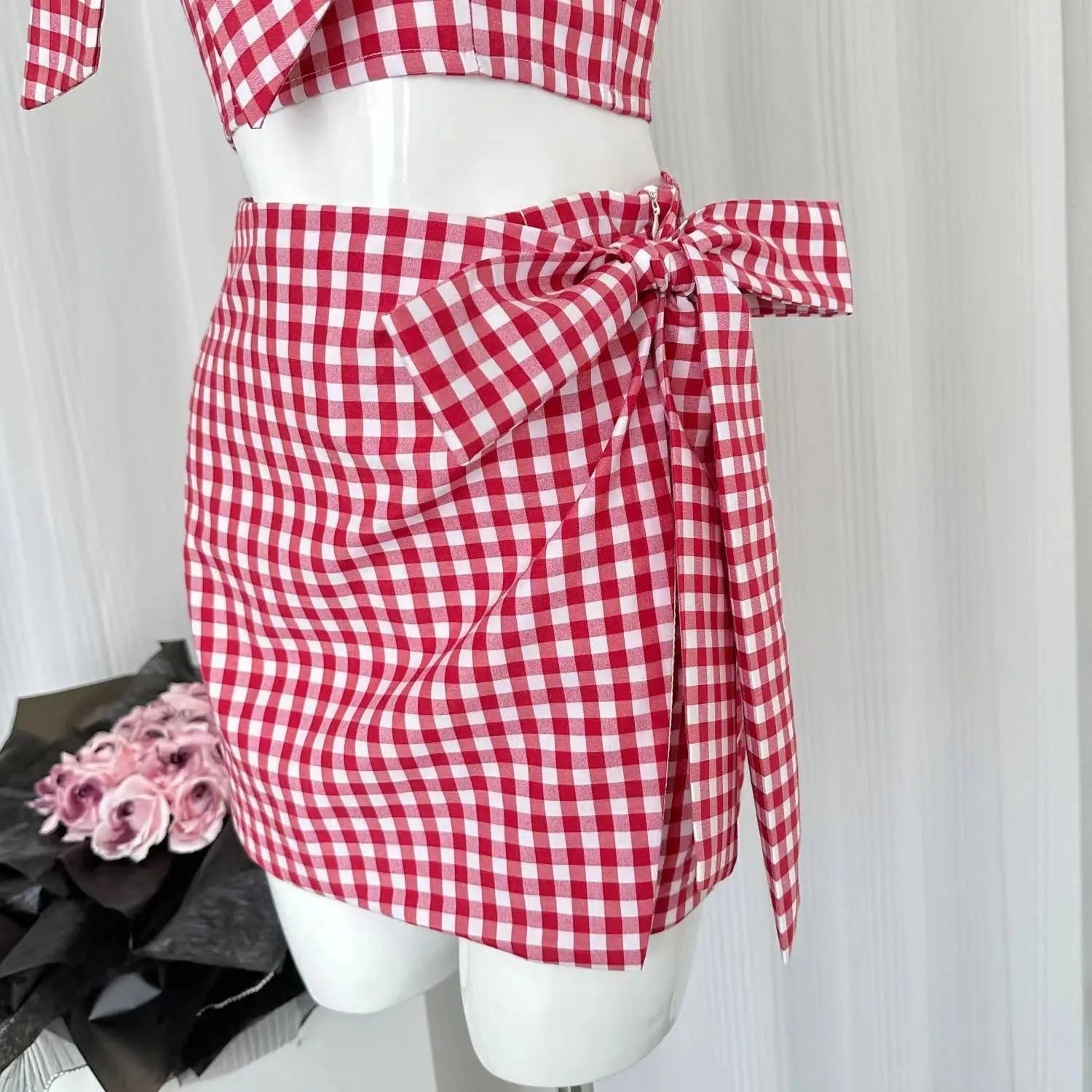 Aiertu  -  Sweet Hot Girl Suit Women's Summer Turn-down Collar Plaid Bow Top High Waist Skirt Shorts Two-piece Set Fashion Female Clothes Aiertu