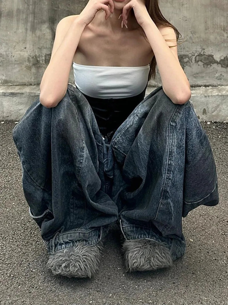 Aiertu  -  Oversized Retro Blue Washed Distressed Wide Leg Jeans Women Fashion Streetwear Hot Girls Loose Casual High Waist Straight Jeans Aiertu