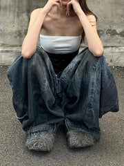 Aiertu  -  Oversized Retro Blue Washed Distressed Wide Leg Jeans Women Fashion Streetwear Hot Girls Loose Casual High Waist Straight Jeans Aiertu