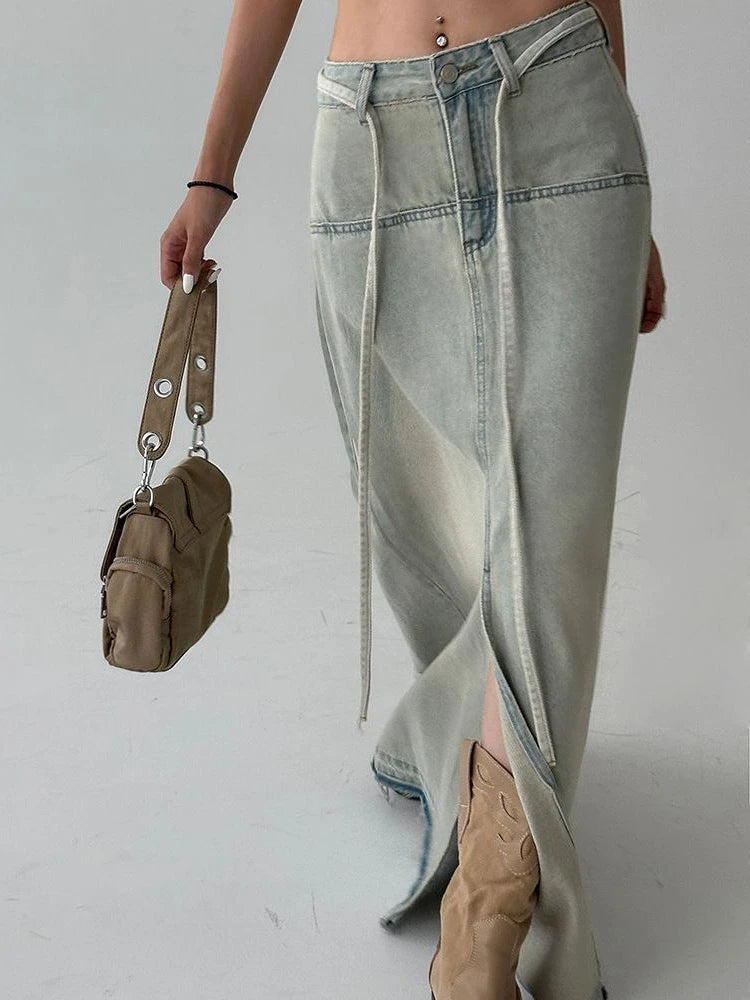 Aiertu  -  Streetwear Denim Long Skirt Women Summer Korean Fashion Y2k Split Design Vintage Skirts Sexy Patchwork Chic High Waist Aiertu