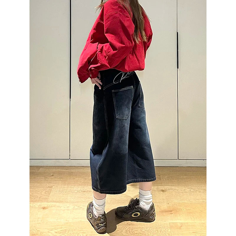 Aiertu  -  Blue Women's Retro Y2K 2000s Wide Leg Baggy Casual Denim Trouser High Waist Shorts Jeans 2025 Summer Harajuku Calf-Length Pants Aiertu