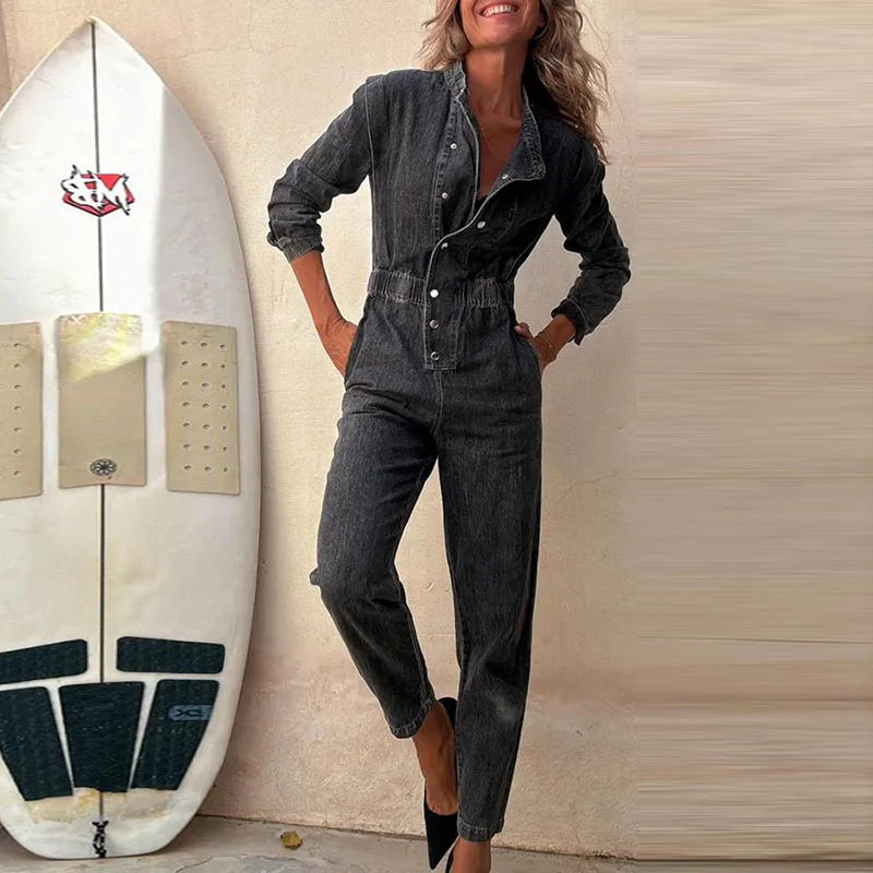 Aiertu  -  Women Slim Denim Jumpsuits Long Pants Rompers Springturn Down Collar Loose One Piece Full Sleeve Tight High Waist Overalls Aiertu