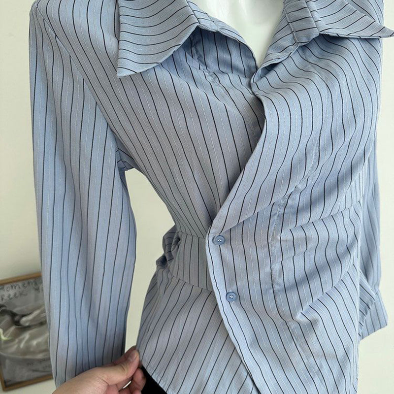 Aiertu Elegant Striped Shirts Women Vintage Irregular White Blouses Ladies Korean Long Sleeve Chic Buttons Slim Design Tops New Aiertu