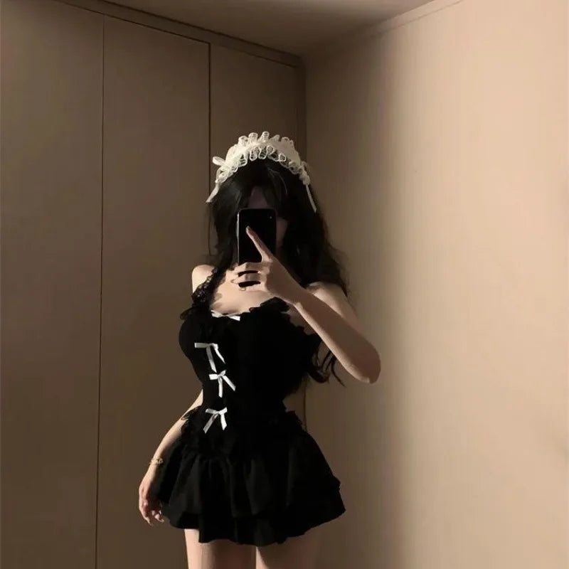 Aiertu  -  Sexy High Street Black Two Piece Sets Y2k Aesthetic Patchwork Lace Slim Bow Design Tank Top Punk A-line Tiered Girl Skirts Aiertu